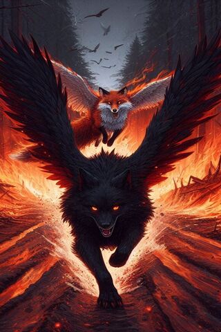 Fiery Flight: The Mythical Chase' 🔥🦊🐺