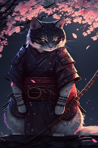 Samurai Cat Under Cherr..