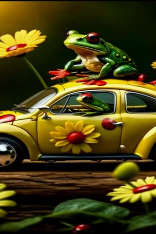 Frogs on a Floral Adventure in a Beetle Car! 🐸🌼