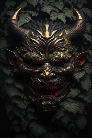 Enigmatic Demon Mask Among Lush Greenery 🌿👹