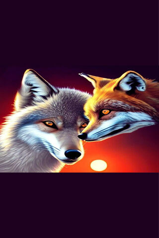 Twilight Companions: A Fox and Wolf Encounter 🌅🐺🦊