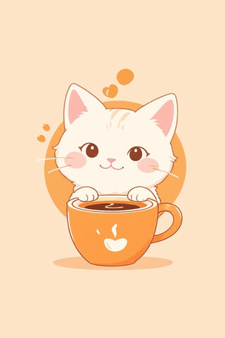 Minimalist Simple Anime Cute Cat With Coffee Logo Silhouette, Oil Pain