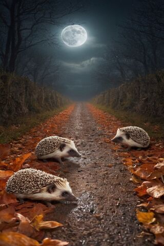 Moonlit Adventure: Hedgehogs on the Path