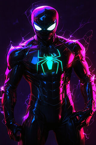 Spider Man As Villain In Iron Man Costume , With Neon Background