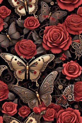 3D Gold Butterfly Red Roses