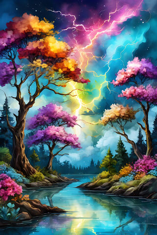 A Body Of Water With Trees and Colorful Flowers On The Side
