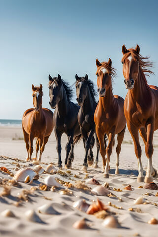 ,a Group Of Horses Walking On A Beach