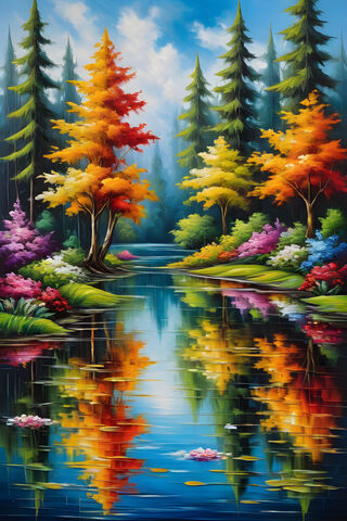 A Pond With Colorful Trees and Flowers