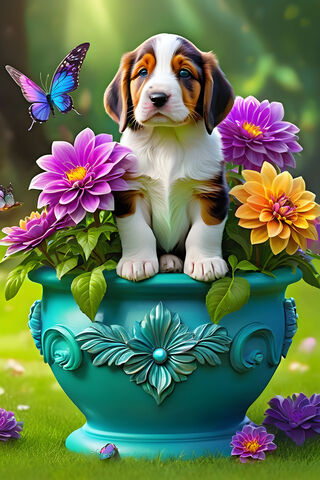 A Dog Sitting In A Pot Of Flowers
