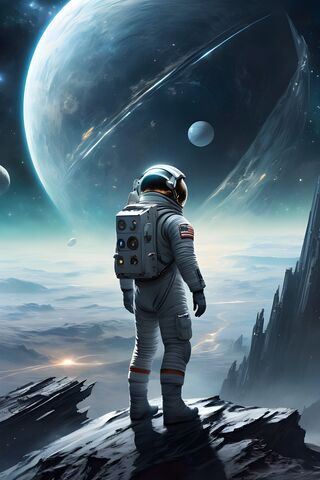 A Person In A Space Suit Standing On A Rock With A Planet In The