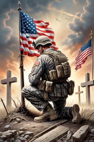 A Soldier Kneeling In Front Of A Flag