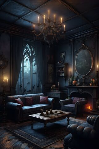 A Living Room With A Chandelier and A Couch