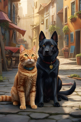 A Cat and A Dog Sitting..