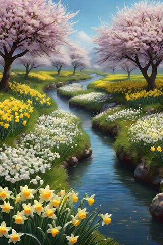 A Body Of Water With Flowers and Trees Around It