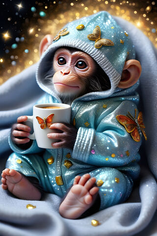 A Monkey Wearing A Garment Holding A Cup