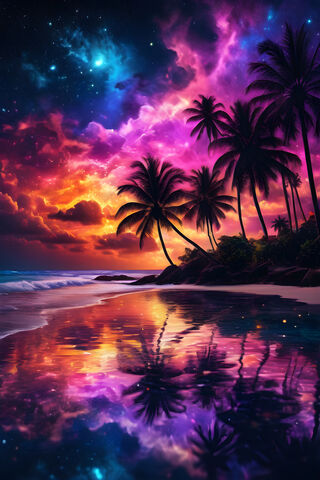 A Tropical Beach With Palm Trees and The Stars In The Sky