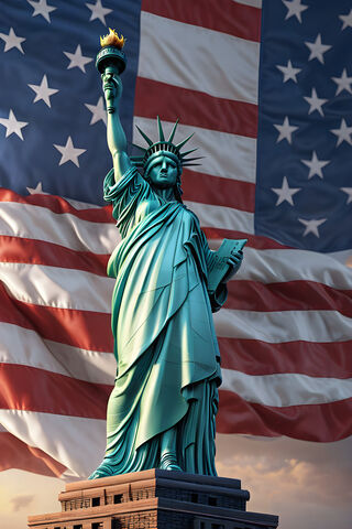 A Statue Of A Person In Front Of Flags