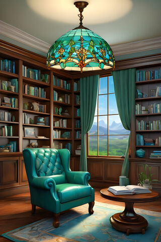 A Room With A Green Chair and A Table With A Bookcase and A Window