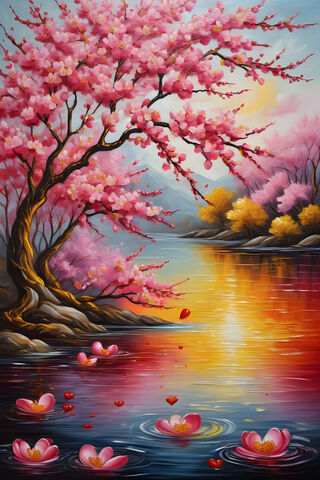 A Tree With Pink Flowers Next To A Body Of Water