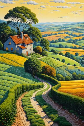 A Painting Of A House In A Field Of Yellow Flowers
