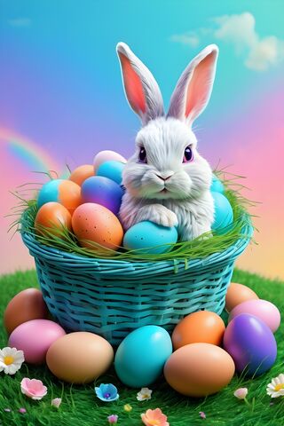 A Bunny In A Basket Of Eggs