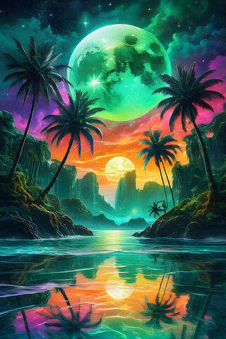A Tropical Beach With The Moon and Palm Trees and The Ocean