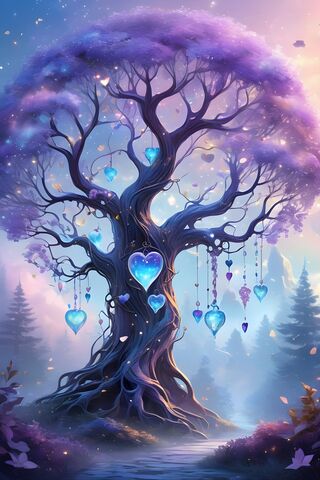 A Large Tree With Hanging Hearts That Are Glowing