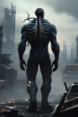 A Statue Of A Person In A Black Suit With A Helmet and A City Skyline