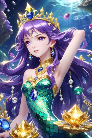 An Emerald Mermaid Wearing A Sapphire Tiara With Purple Hair