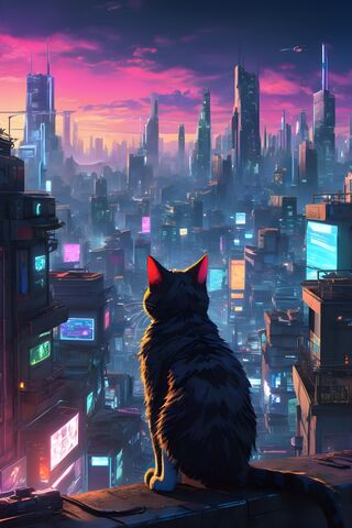 A Cat Sitting On A Ledge Overlooking A City At Night
