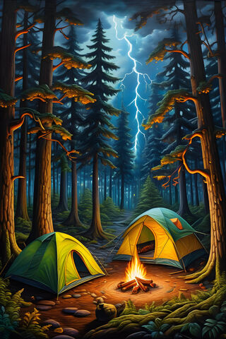 A Painting Of A Forest With Tents and Trees