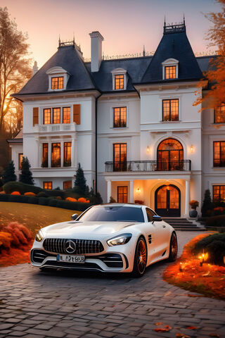 A White Car Parked In Front Of A House