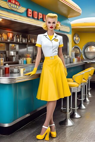 A Woman In A White and Yellow Uniform At Counter