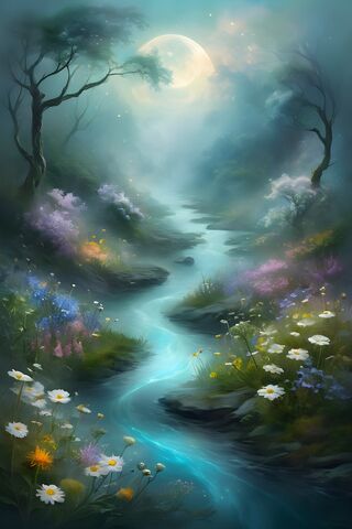 A Body Of Water With Flowers and Trees Around It