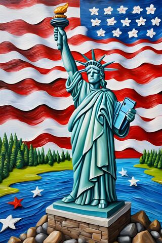A Statue Of A Person In Front Of A Flag