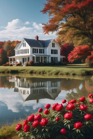 A House With A Pond In Front Of It and Trees Around It