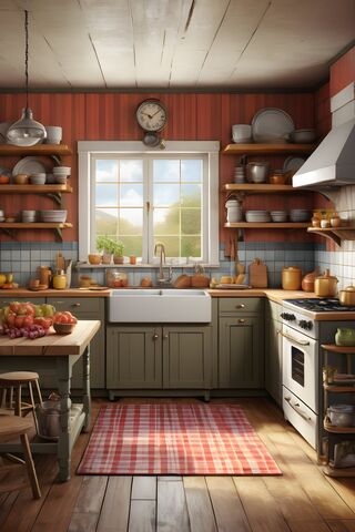 A Kitchen With A Table and Shelves