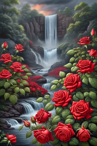 A Waterfall With Red Roses