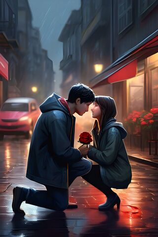 A Man and Woman Kissing On A Sidewalk At Night