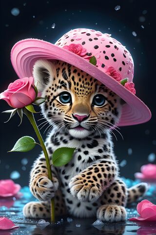 A Tiger Wearing A Pink Hat and Holding A Pink Flower