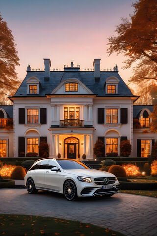 A White Car Parked In Front Of A House