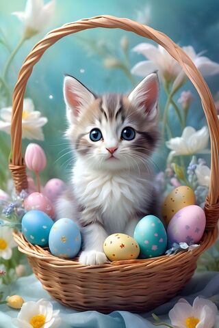 Adorable Kitten In A Basket With Easter Eggs