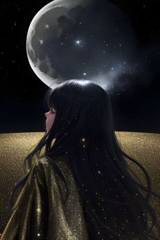 A Person With Long Black Hair and A Black Cape With Stars In The