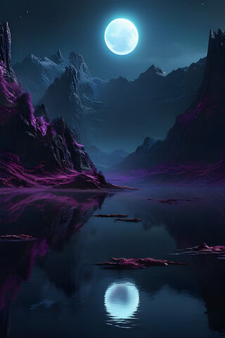 A Body Of Water With Mountains and A Moon In The Sky