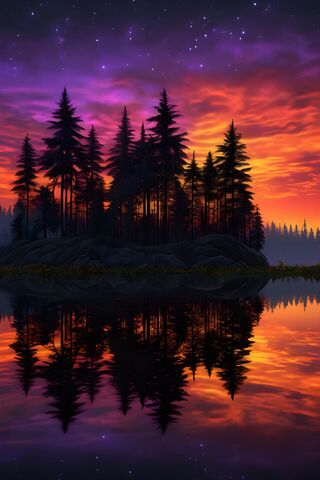 A Body Of Water With Trees and A Colorful Sky Above