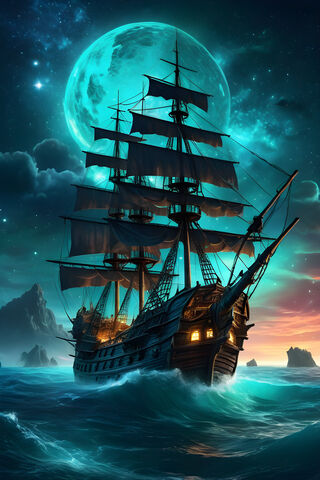 A Ship In The Water With A Full Moon In The Background