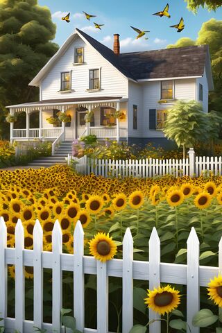 A House With A White Picket Fence and Yellow Flowers In Front Of It
