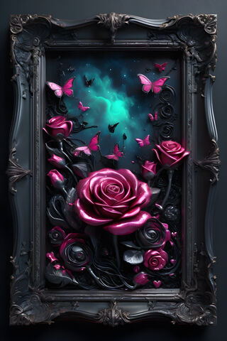 A Frame With A Picture Of A Rose and Butterflies