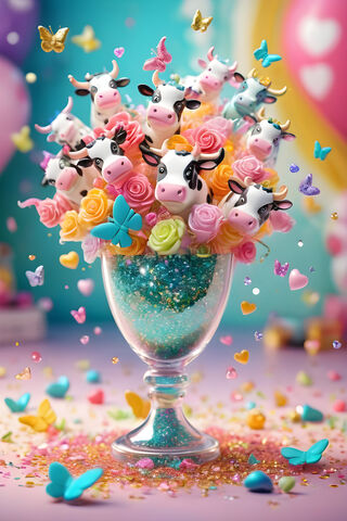 A Vase With Flowers and Cows