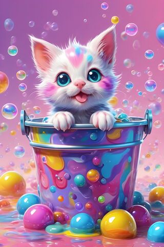 A Kitten In A Bucket Of Bubbles